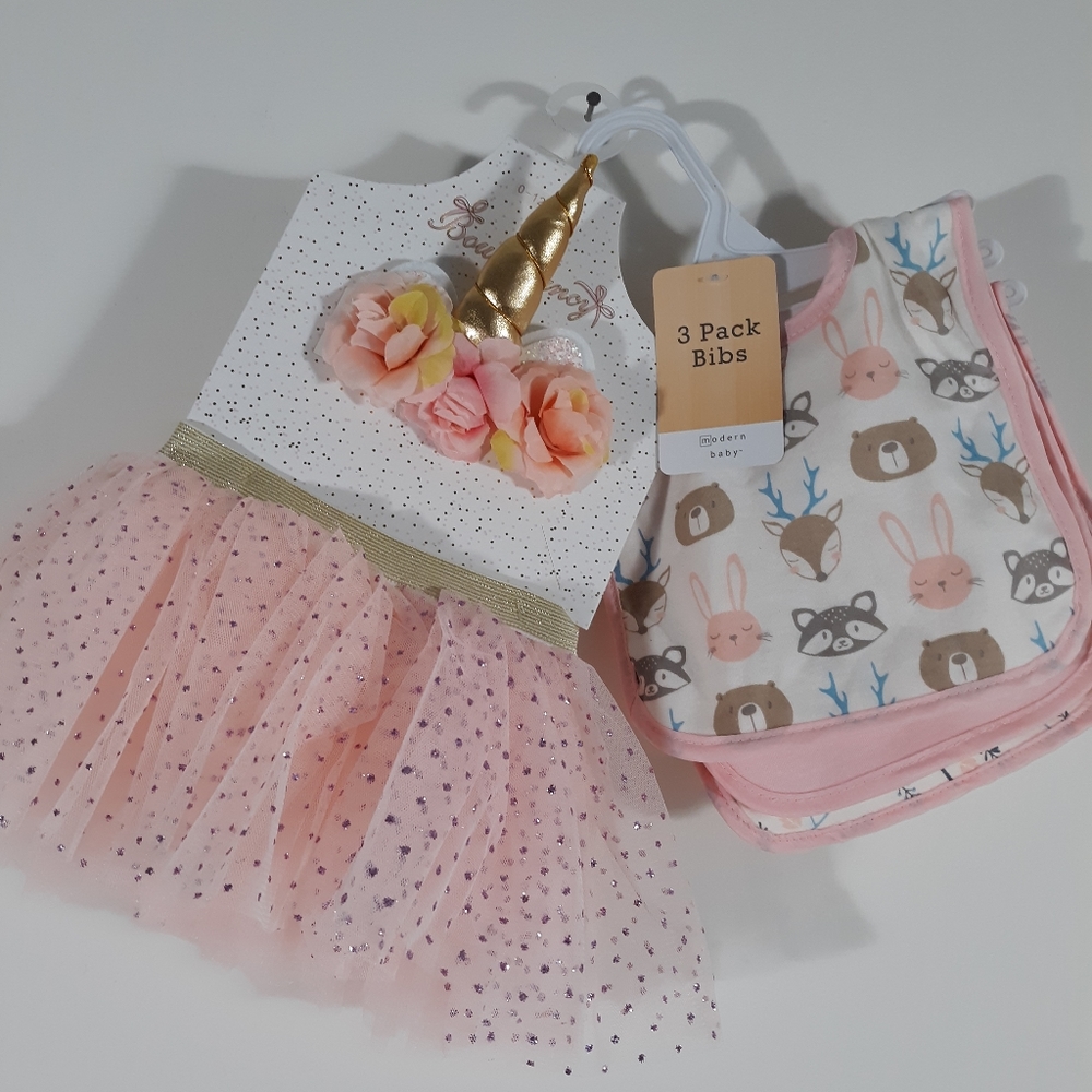Baby unicorn tutu outfit and critter bibs bundle